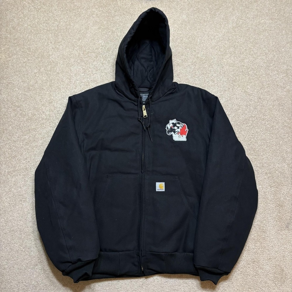 Carhartt Jacket Mens Large Black Hooded Duck Canvas Quilted Workwear J140 BLK